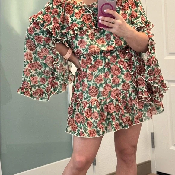 Floral Ruffle Dress with Red Roses - Picture 2 of 2